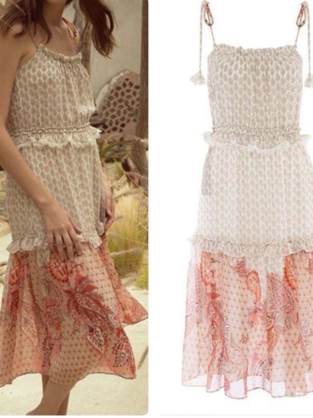 Misa Los Angeles Cream and Coral Tie-Shoulder Midi Dress